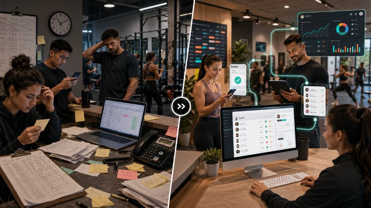 Split view of a gym moving from scattered manual tools to a connected GymCore workflow.